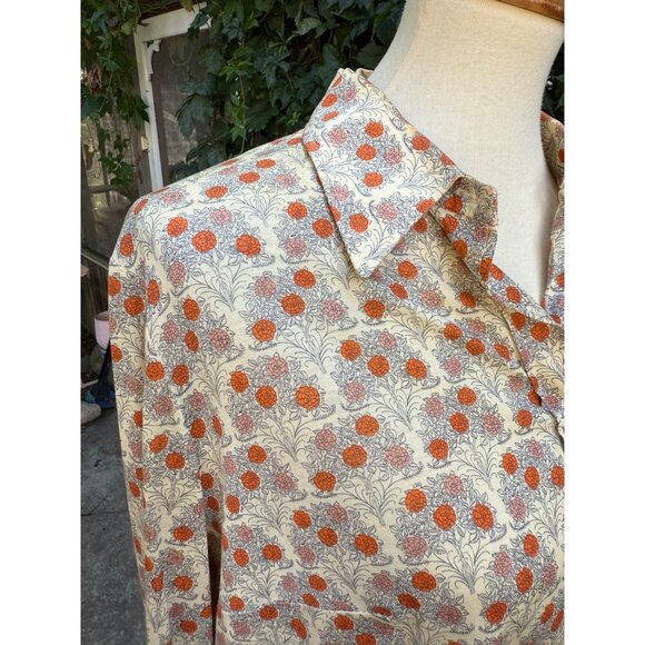 70s Bleyle Ditzy Floral Blouse 100% Cotton Button-Up Shirt Ivory Orange Carnatio - Picture 9 of 12